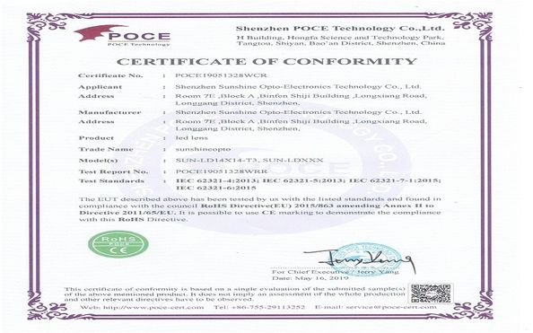 China Sunshine Opto-electronics Enterprise Co.,ltd Certificaciones