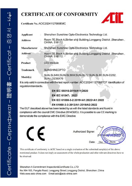 CHINA Sunshine Opto-electronics Enterprise Co.,ltd certificaciones