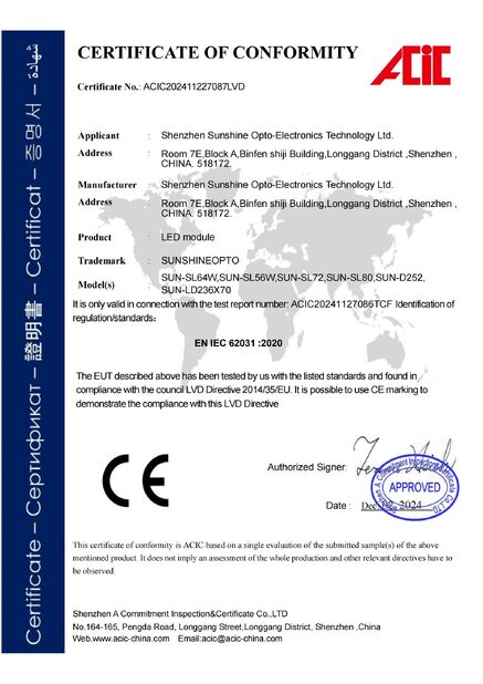 CHINA Sunshine Opto-electronics Enterprise Co.,ltd certificaciones